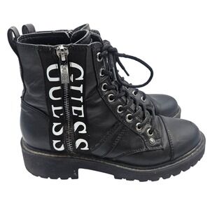GUESS Womens Black Logo Tape Combat Boots Lace Up Side Zip Lug Sole Size 6.5M